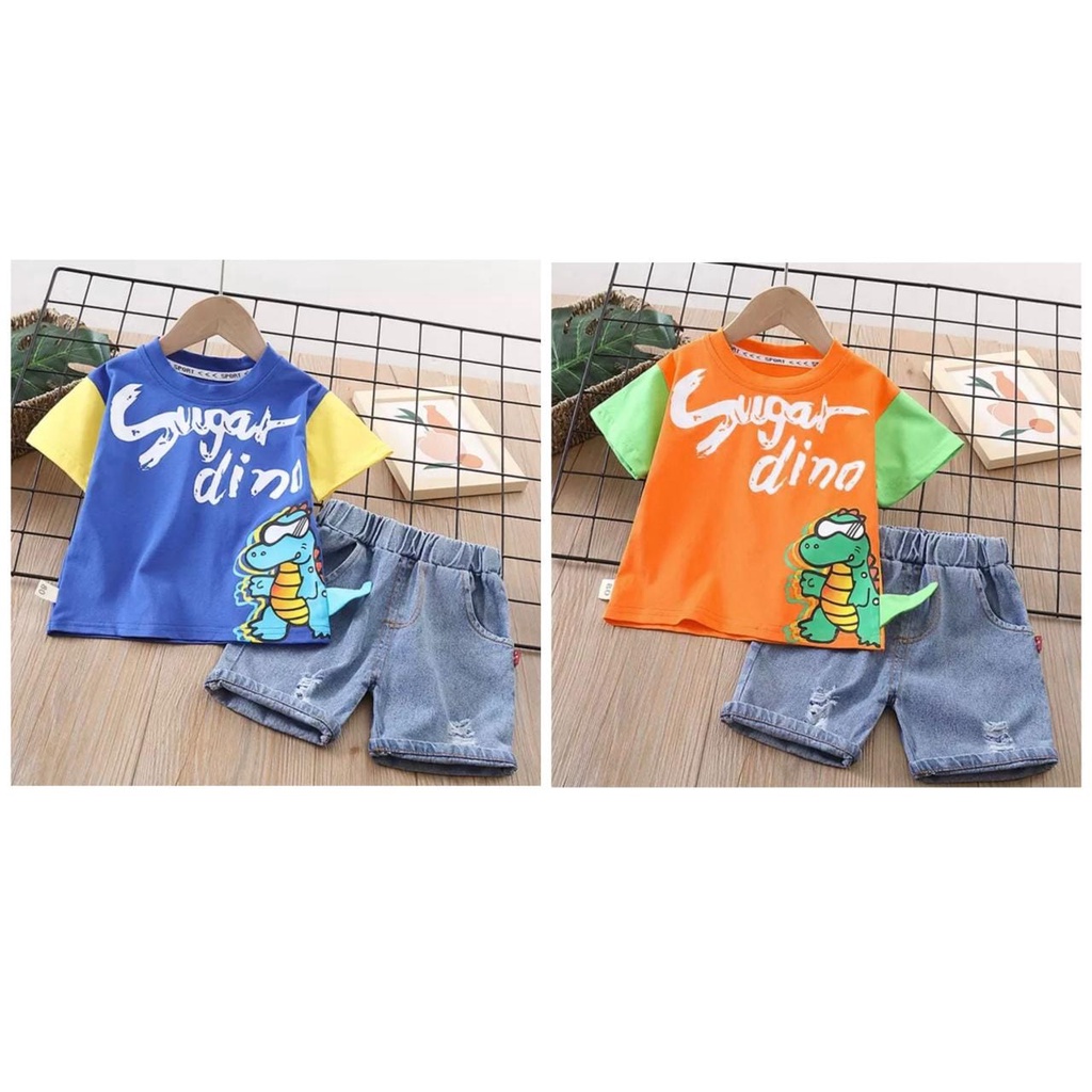 PROMO - SETELAN KAOS ANAK MOTIF SUGAR DINO DENIM - PAKAIAN ANAK LAKILAKI DAN ANAK PEREMPUAN USIA 6-10BLN 1-5THN - BAHAN KAOS ANAK COMBED CELANA DENIM PENDEK - FASHION SETELAN ANAK TERPOPULER MOTIF HEWAN DAN TULISAN DIBAGIAN DEPAN BAJU NYA