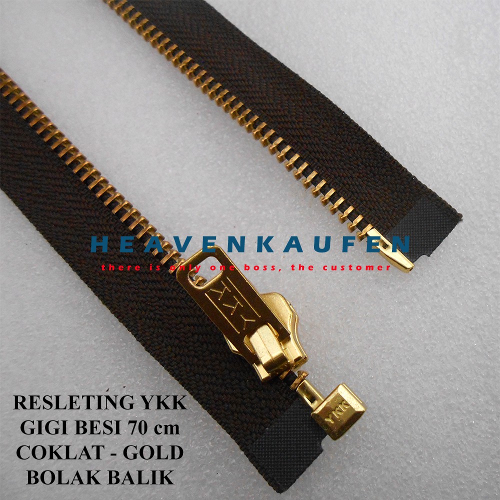 Resleting Zipper Jaket Gigi Besi YKK 70 cm Coklat - Gold Bolak Balik