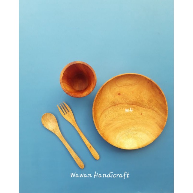 piring kayu/piring makan set sendok garpu gelas/piring liuk 20cm/set alat makan kayu mahoni