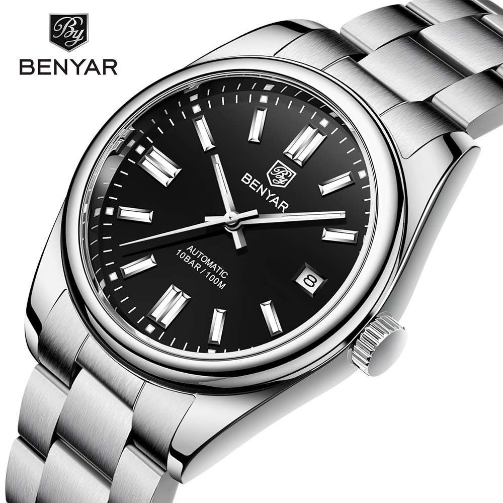 Benyar   Pria Otomatis Mekanis Jam Tangan Fashion Tahan Air Sabuk Baja Jam Tangan Pria 5185