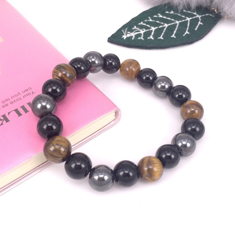 Gelang Manik-Manik Batu Obsidian Mata Harimau Hematite Warna Hitam Ukuran 8 / 10mm Untuk Pria Dan Wanita