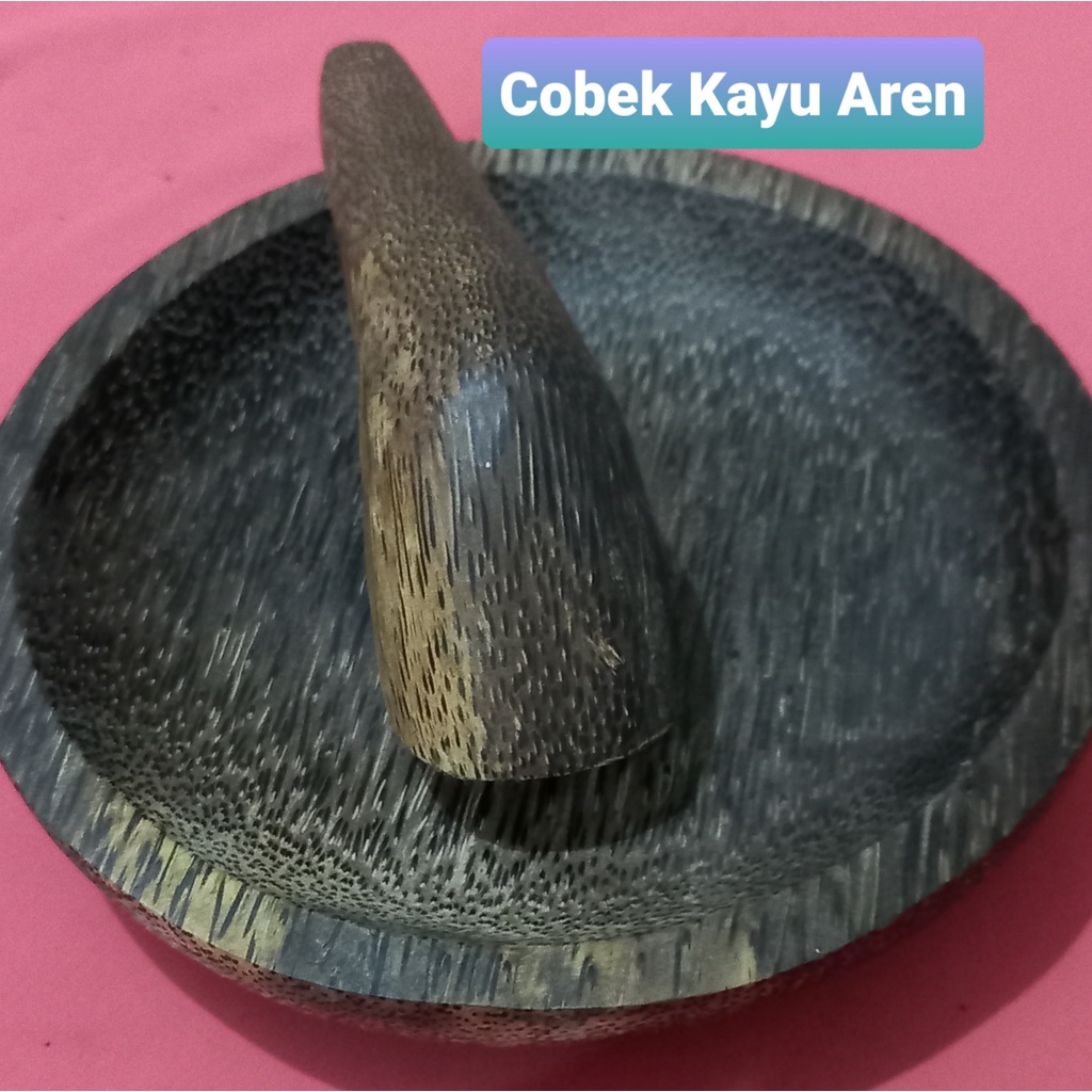 Cobek kayu Aren ukuran 18 cm dan Ulekan