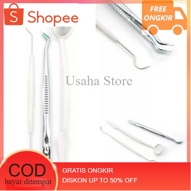 Promo COD 1 set isi 3 pcs alat pemeriksaan standar gigi kaca mulut pinset sonde Karet behel / karet 