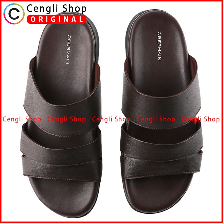 SANDAL KULIT OBERMAIN PRIA ORIGINAL SLIDE CASUAL BRANDED COKLAT OM07