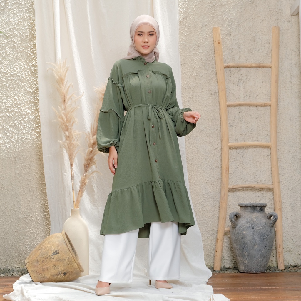 TUNIK HALINKA - LONG TUNIK WANITA MUSLIM POLOS CRINGKLE by Raline Mode