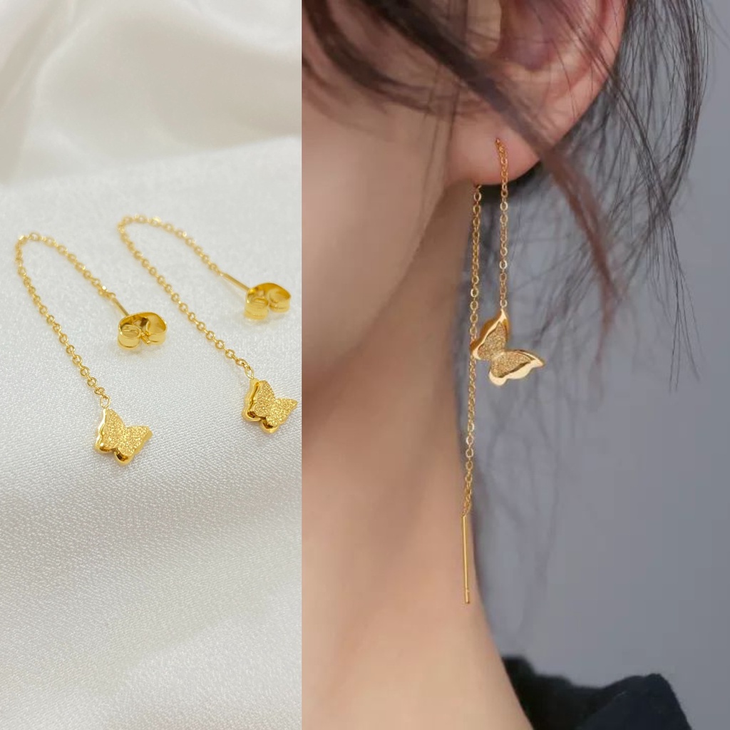 Anting Panjang Long Tassels Zircon Earrings Gold Titanium Anting Korea