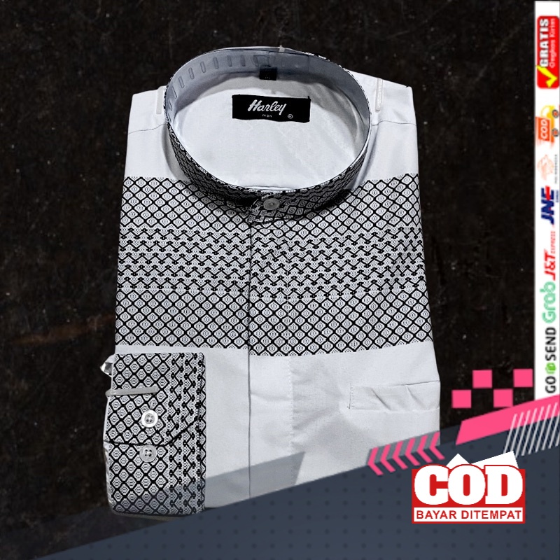 Kemko harley Kemeja Koko Harley warna putih lengan panjang Motif Jaring Terbaru