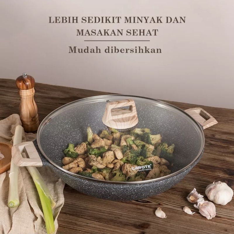 Carote Essential Woody Wok 36Cm/ 40Cm with Lid Kuali Penggorengan Anti Lengket bebas PFOA