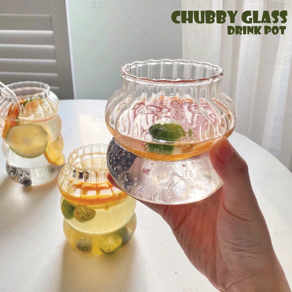 Gelas Lucu 390ml Kristal Chubby Glass Kopi Susu Ripple Yo-Reum Aesthetic Korean Cafe Crystall Drinking Elegan Cantik