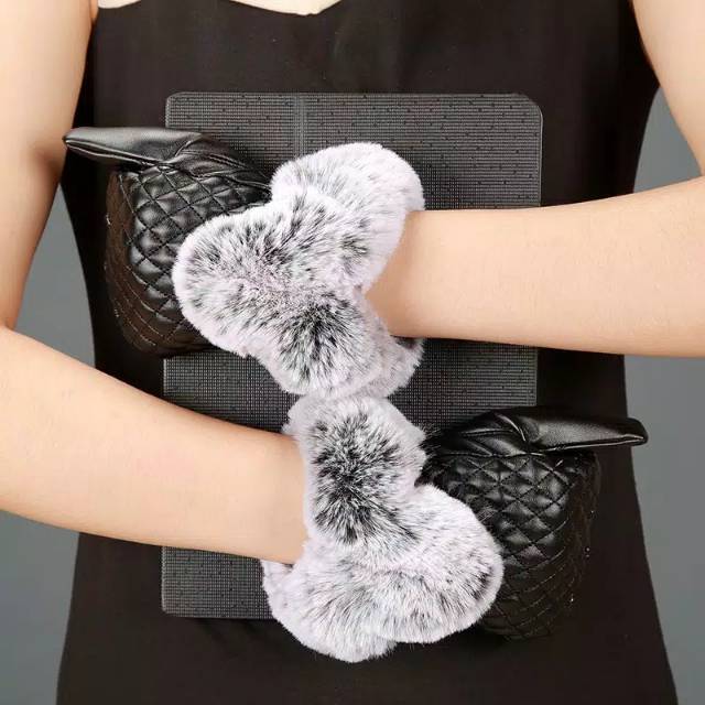 Winter Autumn Woman PU Leather with Faux Fur Gloves Sarung Tangan Wanita Musim Dingin Kulit PU