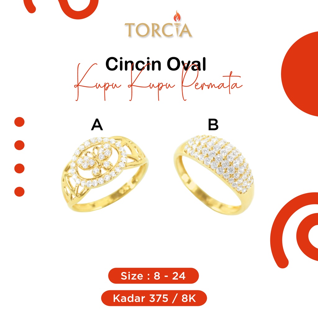 Cincin Emas Asli Oval Kupu-Kupu Permata Kadar 375 Torcia