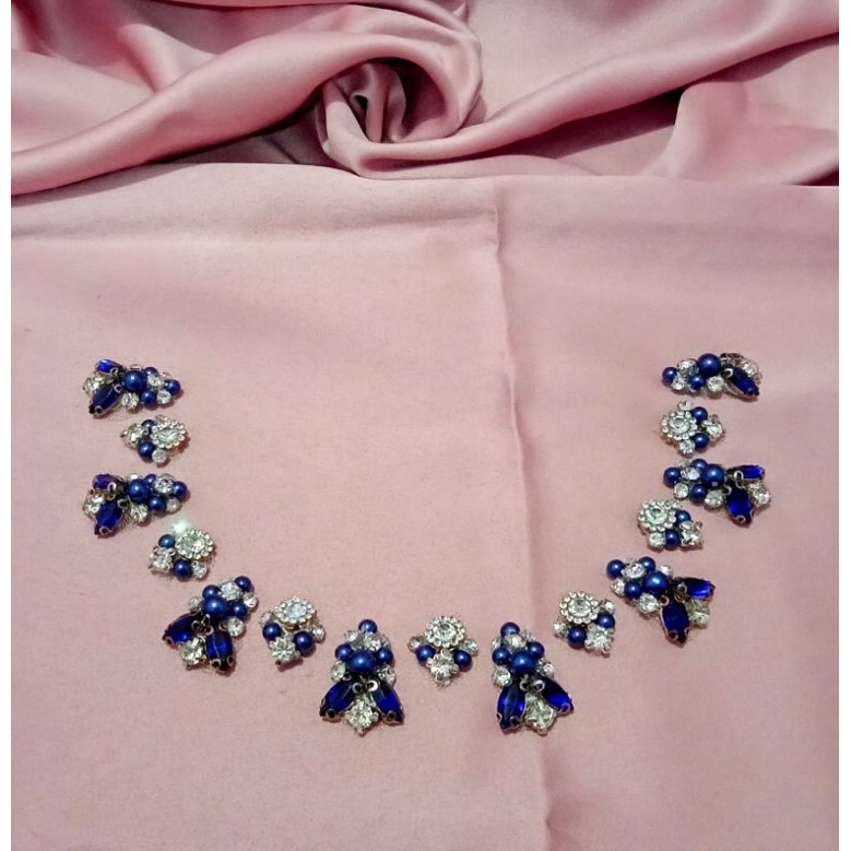 Payet Rangkai Leher tabur Crystal & Mutiara - Birru navy 1set/15pcs