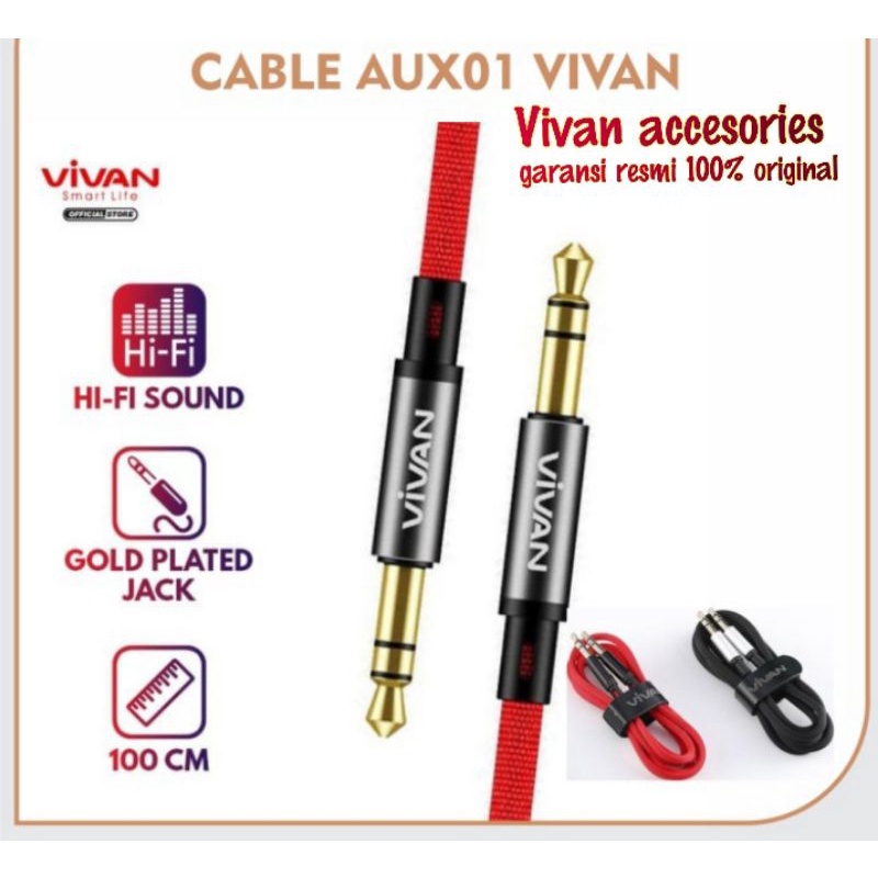 Vivan AUX01 Aux Audio Cable 100CM HI-FI Sound Gold Plated Jack 3,5mm-merah and black
