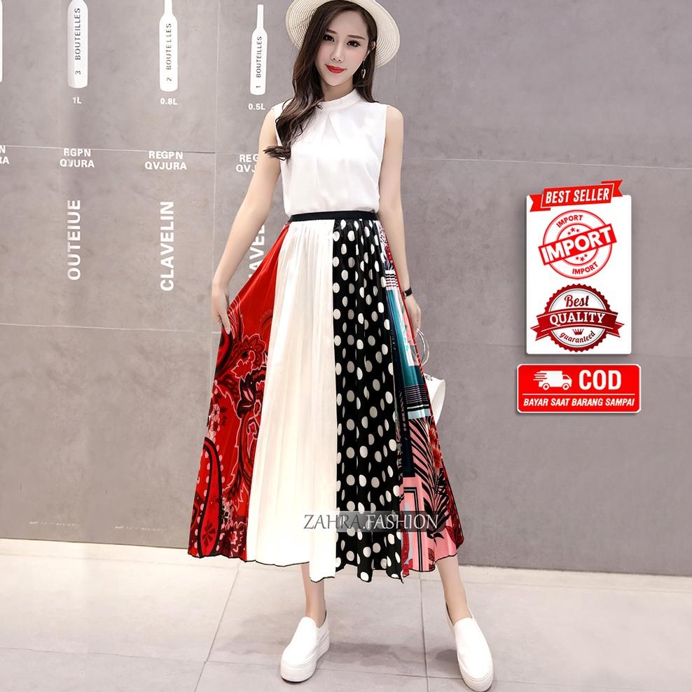 Rok Plisket Motif Polkadot Satin Premium Import murah 7/8 style korea| 321-3 | Rok Prisket polkadot 