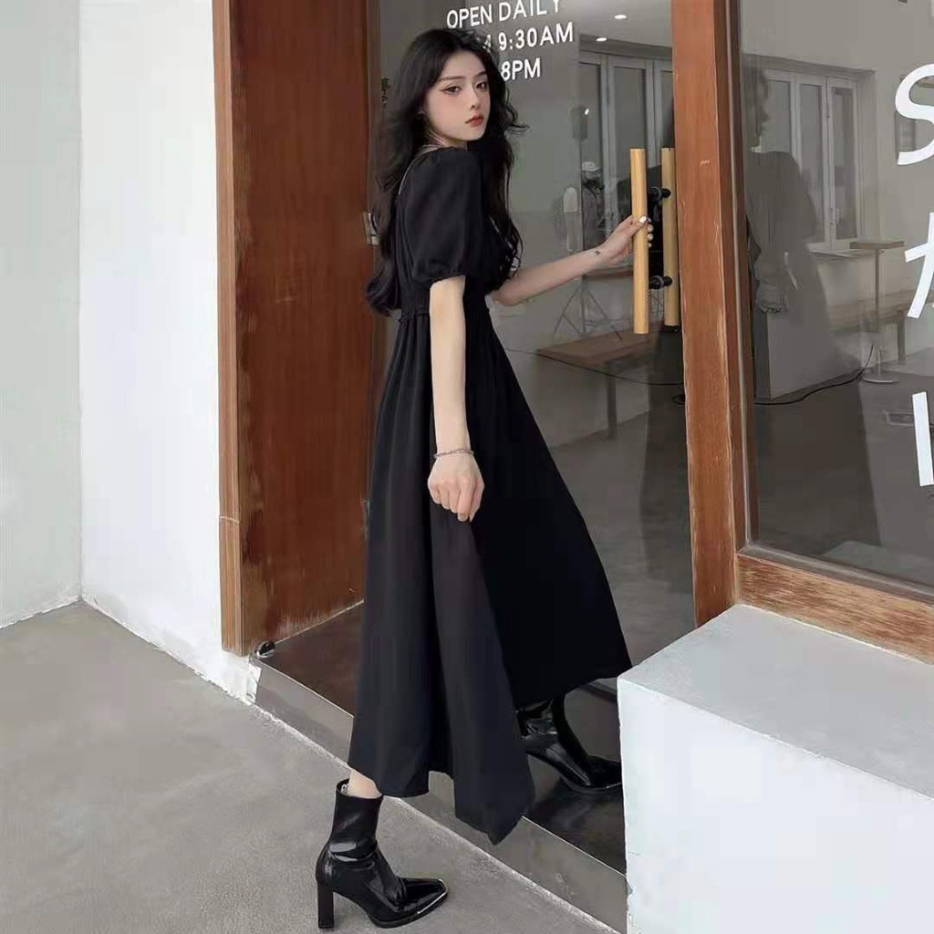 Dress lengan pendek leher persegi gelembung panjang retro baru