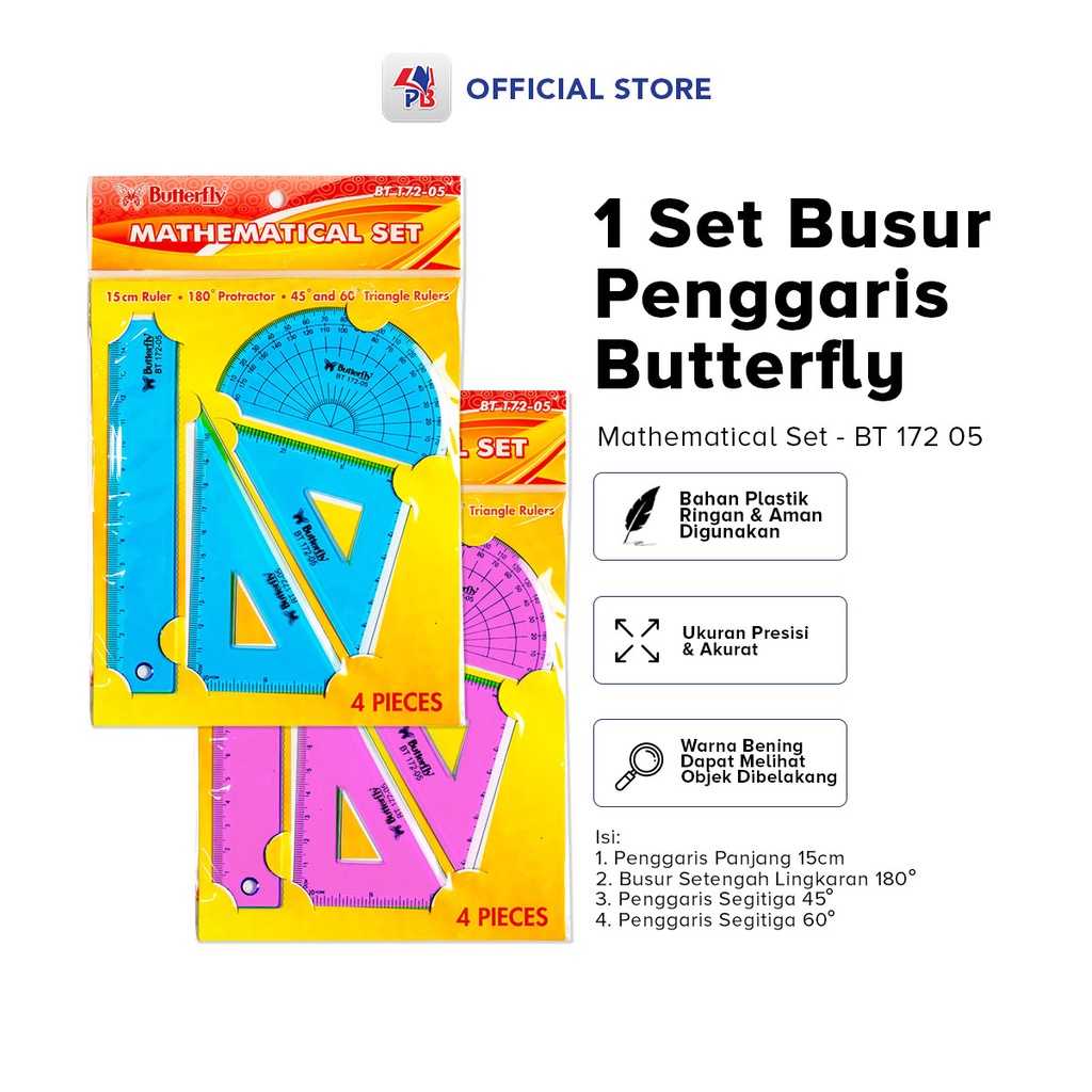 

Penggaris Busur 180 Derajat 1 Set 4 Pcs Butterfly Penggaris Matematika Seri BT 172 05 Warna / PB EDUKASI ANAK - PBNB