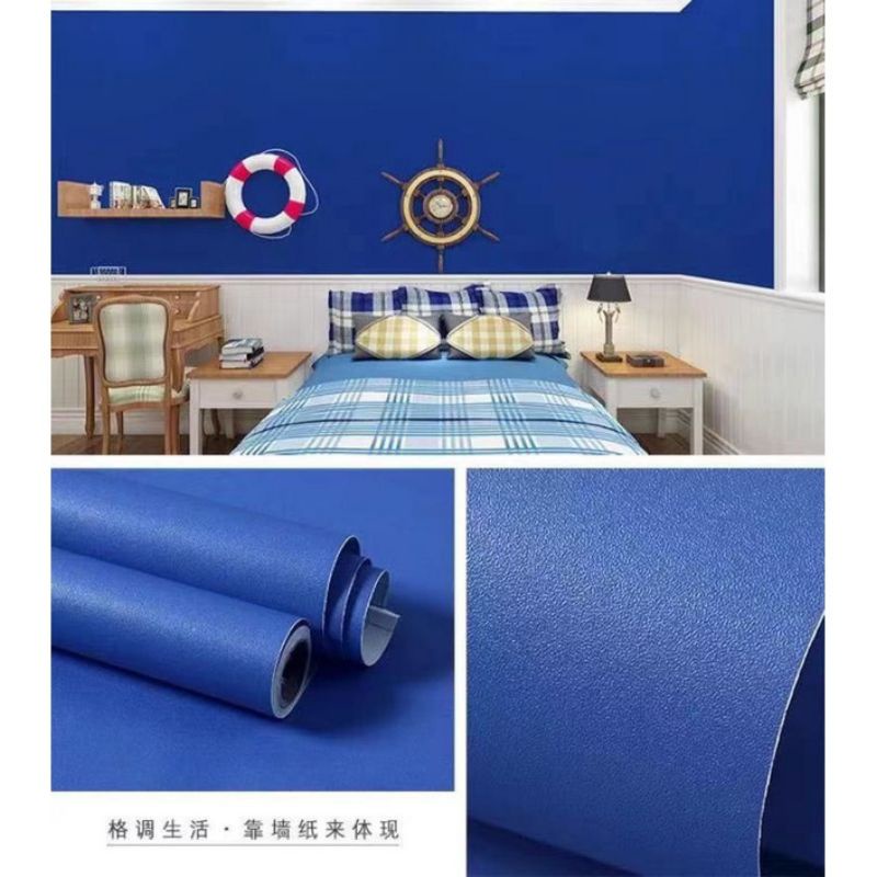 ( BELI 4 GRATIS 2 )Terlaris Wallpaper Sticker Wallpaper Dinding Ruang Tamu Motif Polos | Putih Salur Bunga | Cream | Abu Ungu Kuning Hijau Coklat Merah Pink Biru Batik Bunga Kembang Batu Bata 3D Kotak Segitiga Minimalis Garis Emas Tua Muda Murah-Biru Tua