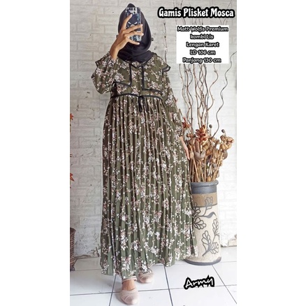 Fashion Muslim Pakaian Baju Perempuan Gamis Plisket Bahan Wolfia Motif Bunga