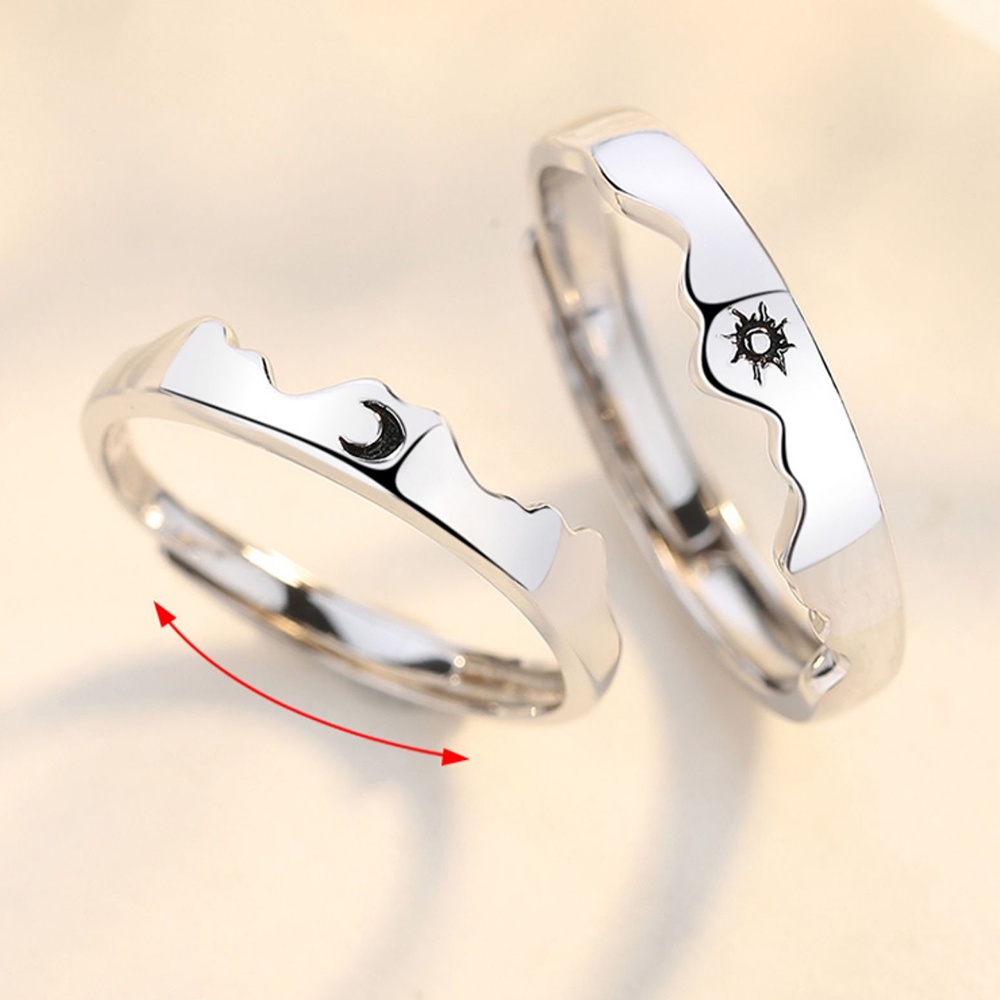 2pcs Cincin Model Terbuka Desain Matahari Dan Bulan Warna Silver Untuk Pria Dan Wanita