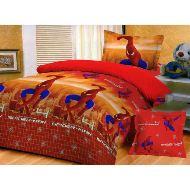 Grosir kain sprei katun CVC star motif Spiderman varian merah bahan sprei