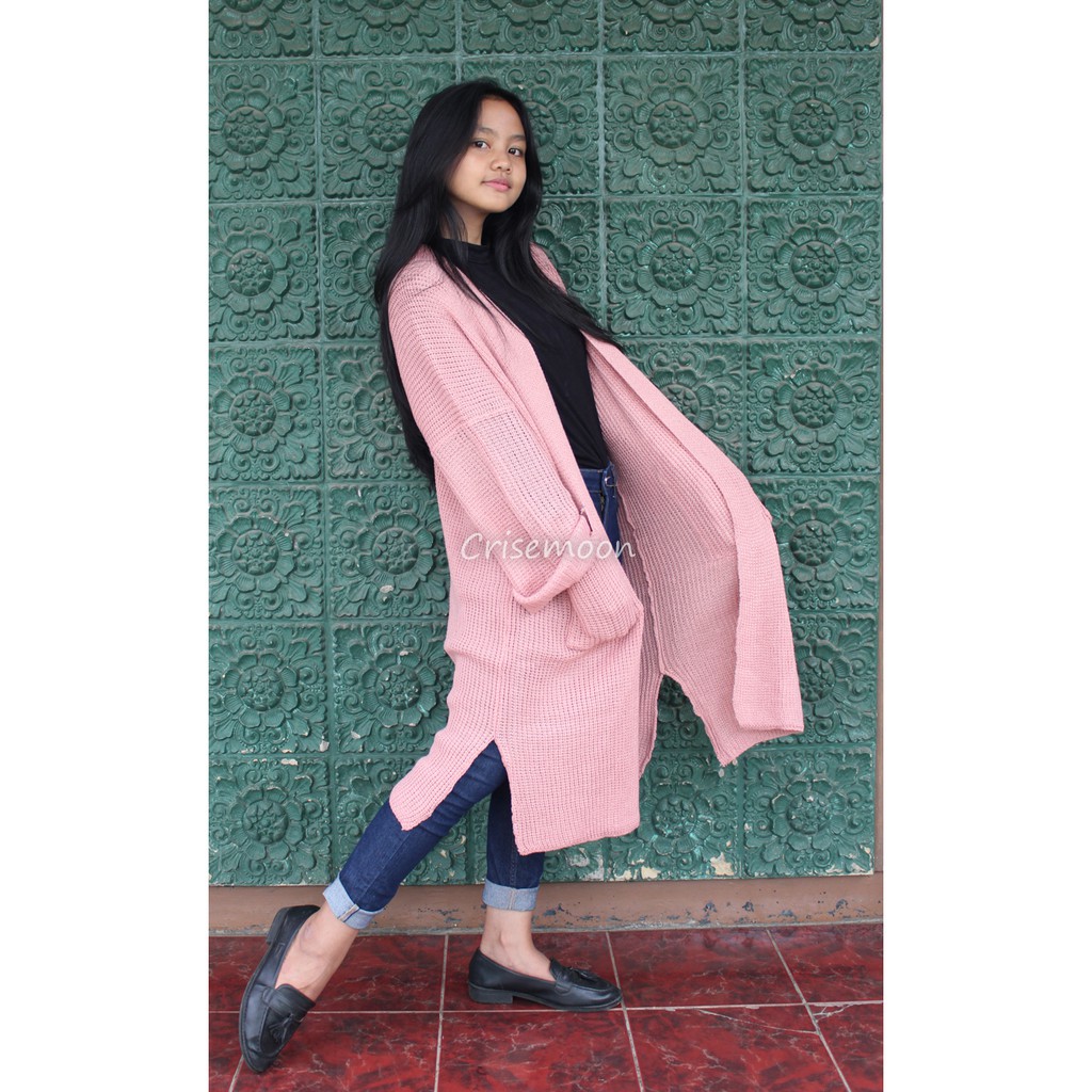 Long cardigan rajut oversize / cardigan Rajut panjang / Cardigan Rajut Longcardy Oversize Tebal-DUSTY PINK