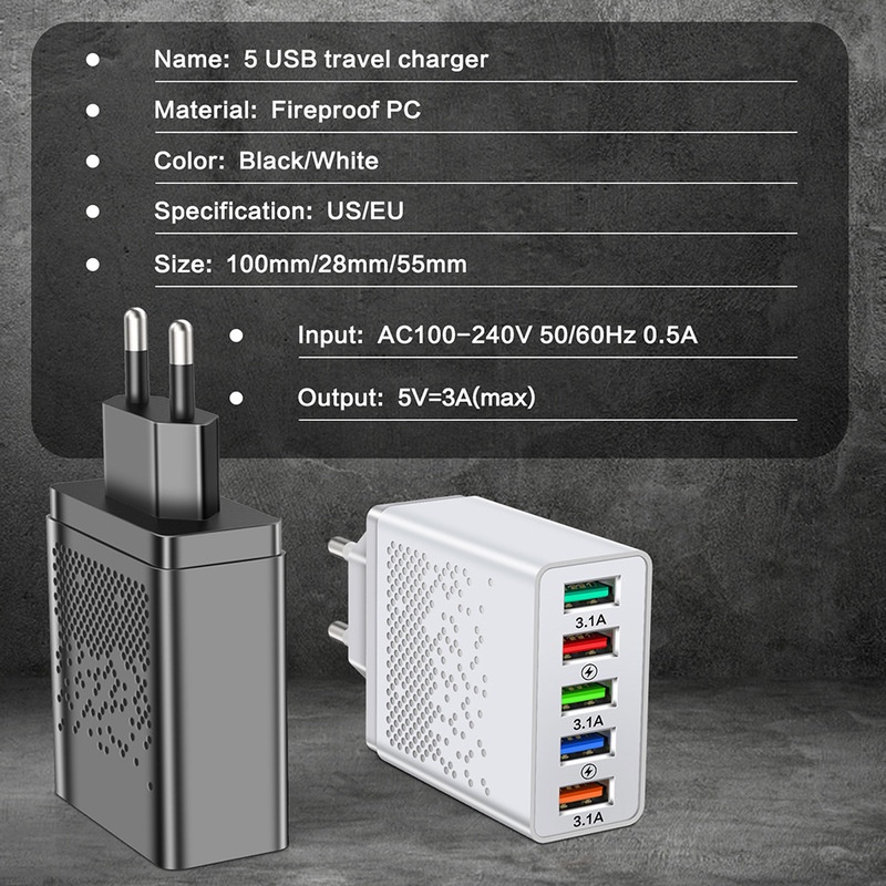 Adapter Charger Dinding 5 Port Usb 48w QC3.0 Portable Plug US / EU Untuk IPhone / Android