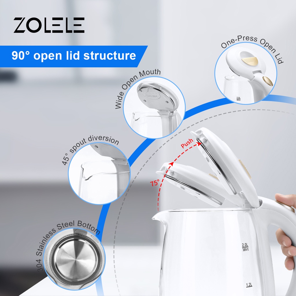 ZOLELE Kettle Listrik 2L Electric Water Heaters Tea Dispenser Pot Air Panas Thermos Kettles Boiling Tahan Pemanas Air Panas Teko Daya Tinggi Anti Panas Isolasi Panas Kettle Listrik ZH101