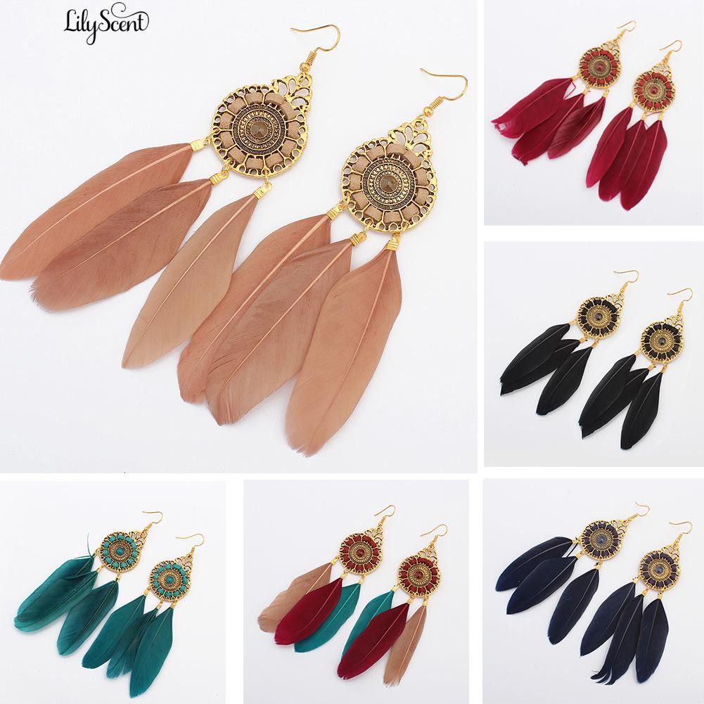 [Bayar Di Tempat]fashionBohemia Panjang Feather ed Round Hook Earrings Menjuntai Charm