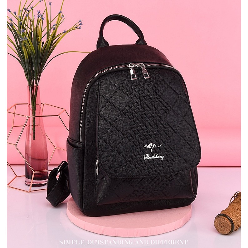 TAS RANSEL WANITA BACKPACK KULIT IMPORT HITAM TA369B5 LAURENA PUNGGUNG SEKOLAH KULIAH GENDONG BATAM