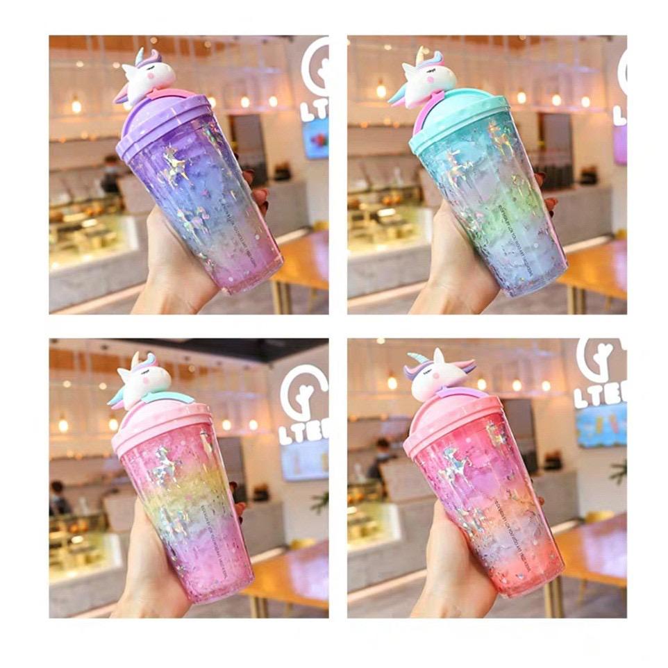 GELAS TUMBLER UNICORN RAINBOW GLITTER 450ML BOTOL MINUM ANAK KADO HADIAH PEREMPUAN CEWEK