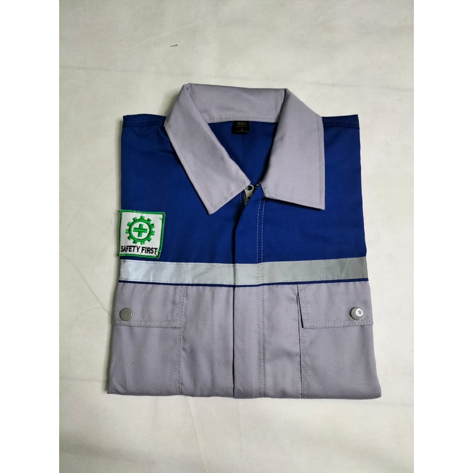 Baju Atasan Wearpack | Kemeja Safety Proyek Lengan Panjang Abu - Biru Benhur