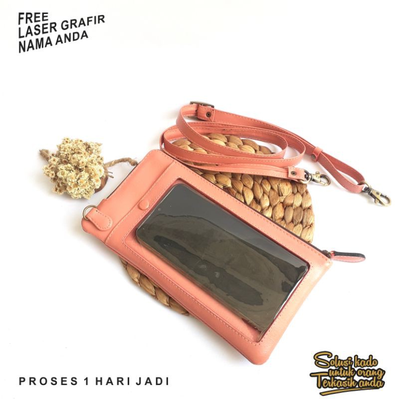 dompet smartphone kulit sapi warna pink pakai tali selempang free laser grafir nama