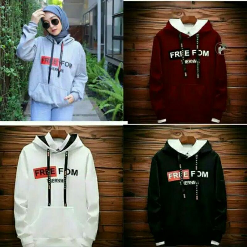 FREEFOM HOODIE COUPLE PRIA WANITA FLEECE COUPLE MAROON ABU PUTIH HITAM