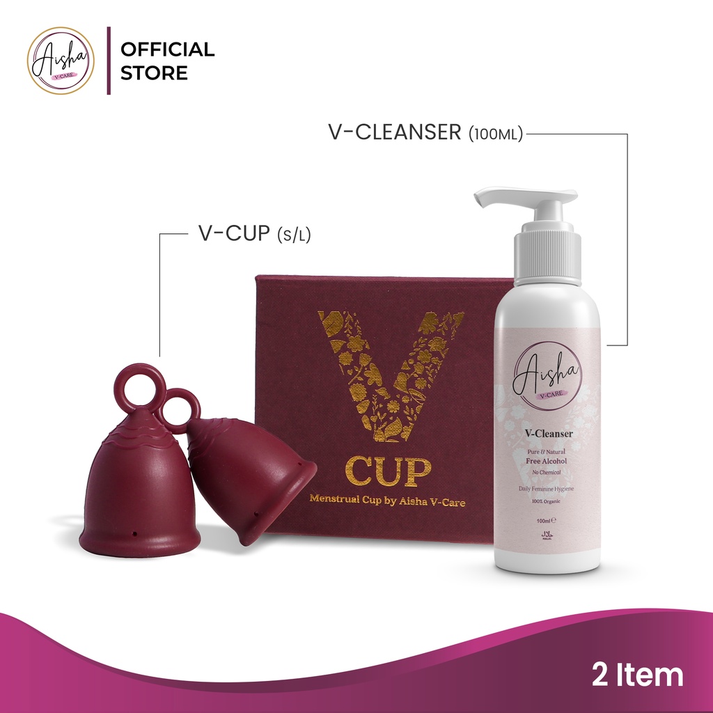 (PAKET SPESIAL AWAL TAHUN) PAKET COMBO V-CUP PLUS CLEANSER | AISHA V CARE | PERAWATAN KEWANITAAN TERINSPIRASI SUNNAH