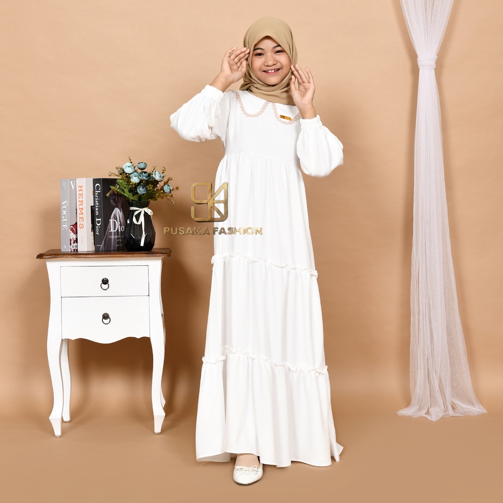 NAYLA kids gamis anak muslim perempuan tanggung long dress serut susun kid wanita anak usia 4 5 6 7 8 9 10 11 12 13 14 tahun warna putih tulang bw hitam lilac wardah dusty pink fashion muslim anak pesantren  ngaji manasik haji maulid nabi sekolah agama