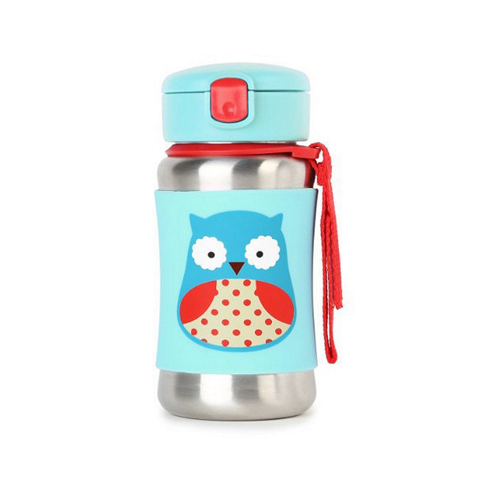 SKIP HOP Zoo Stainless Straw Bottle  (3Y+) Dengan Strap / Botol Minum Anak Stainless Steel  / Anti Karat/ SKIPHOP ZOO / SKIP HOP ZOO SS BOTTLE / Botol Minum Sekolah anak / anti tumpah/ Botol minum stainless anak lucu karakter /Tahan Lama Panas dan Dingin