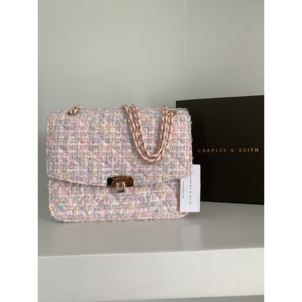 Tas Charles & Keith tweed pink rainbow shoulder bag new with tag, ori