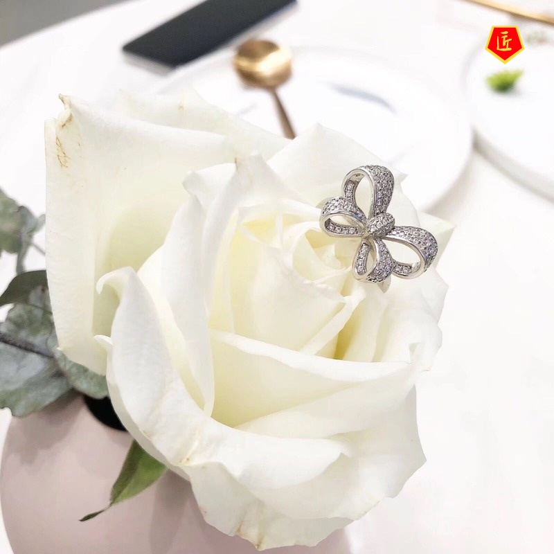 [Ready Stock]Three-Dimensional Bow Women's Ring Full Diamond Luxury