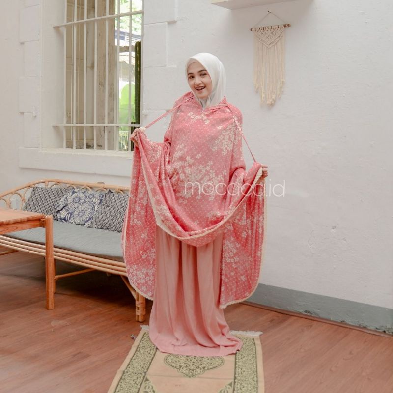 mukena traveling 2 in 1 bahan katun rayon premium free pouch sleting leher motif salem pach orange oren salmon cocok untuk kado