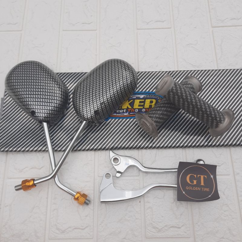 Kulit Jok Biker - Handgrip Karbon Silver + Handle Rem Mio - Spion Mio Carbon Chrome