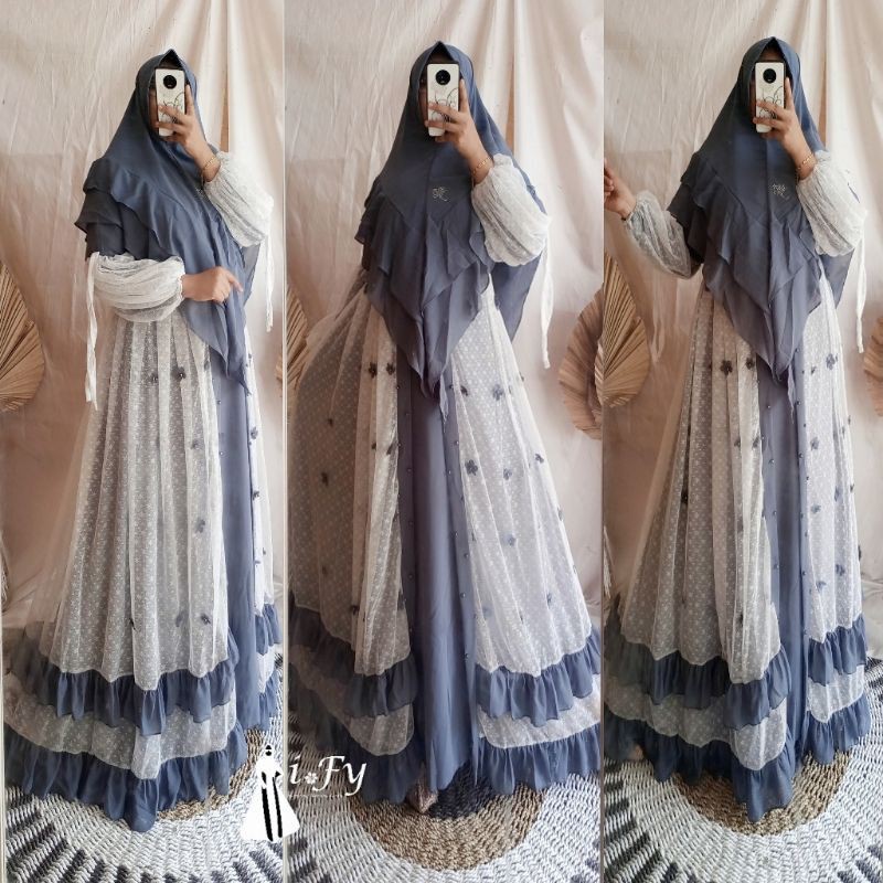 GAMIS SET BAJU MUSLIM SYARI BAJU PESTA MEWAH LEBARAN TILE TULLE POLKADOT RENDA REMPEL KHIMAR