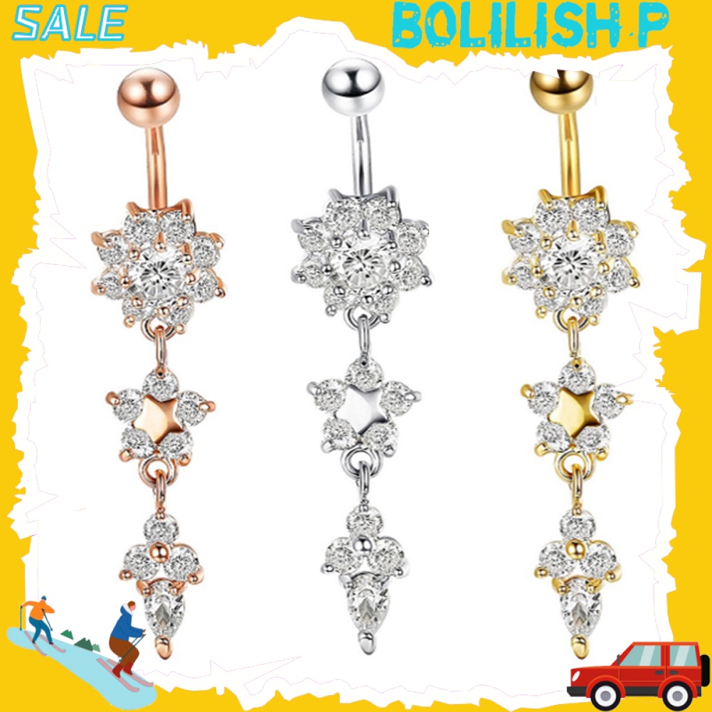 [Jianxin] Lady Rhinestone Flower Stainless Steel Belly Button Navel Ring Piercing Jewelry