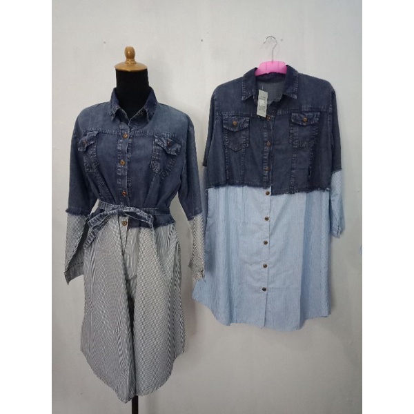 Tunik jeans salur import atasan tunik wanita blouse tunik denim Ld 110