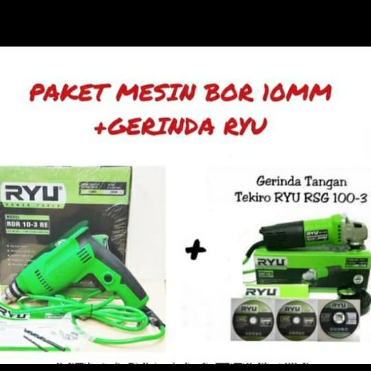 Paket mesin bor listrik 10 mm RYU & mesin gerinda 4" Ryu