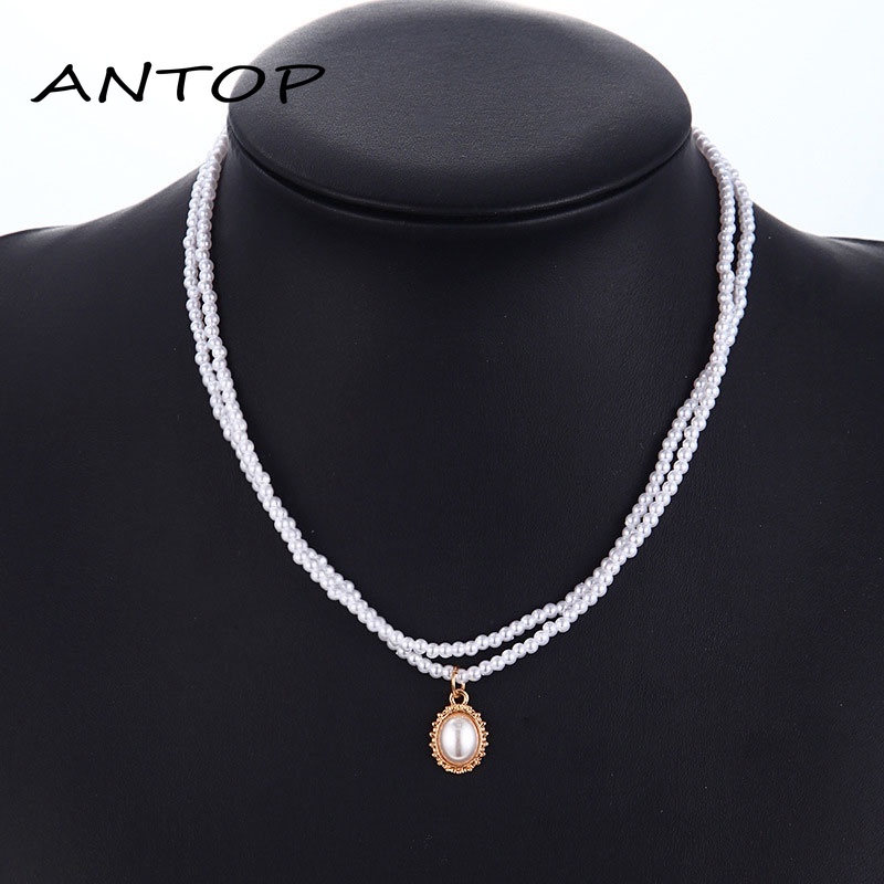 Kalung Choker Rantai Klavikula Hias Mutiara Ganda Gaya Vintage Untuk Perhiasan ANTOP