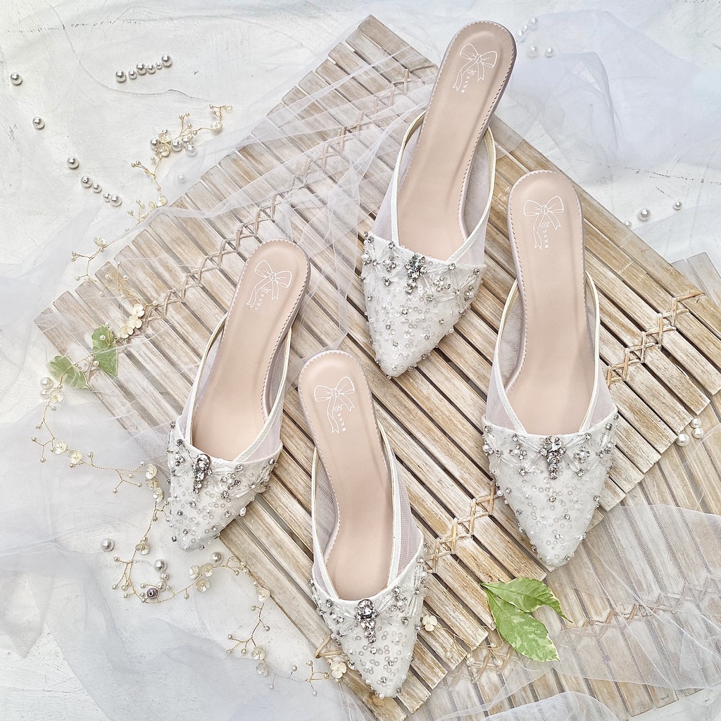 Ivory White Selop Sandal Sepatu Wedding Wanita Stiletto Wedges AVEDA