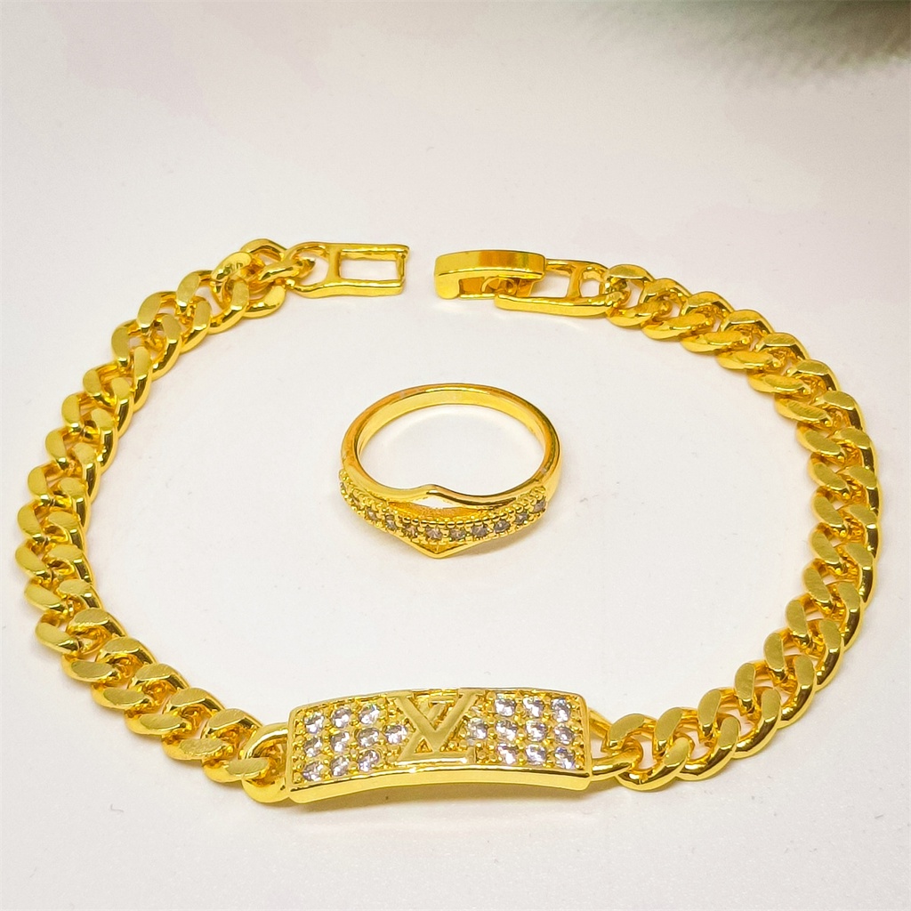 xuping set Gelang Tangan Bangle+Cincin 24K emas