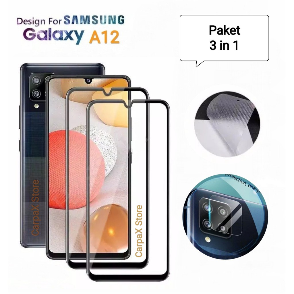 PAKET 3in1 Samsung Galaxy A12 Tempered Glass + Anti Gores Camera + Skin Carbon 3D