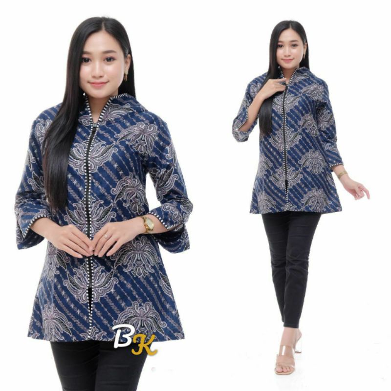 Batik wanita ASJ SA HRB026 Kenongo Kemeja Tosca Pendek-B.zebra pisang navy