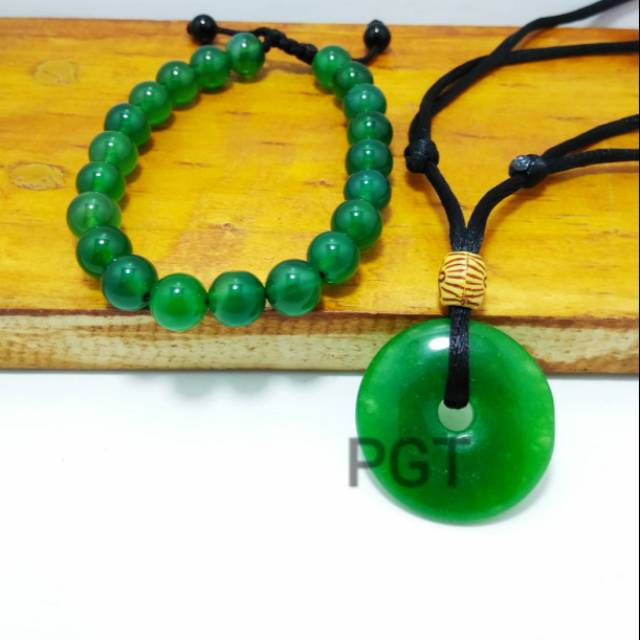 Set Kalung plus Gelang. Kalung Liontin Giok ijo plus Gelang Batu alam Giok Ijo Gelang pria wanita